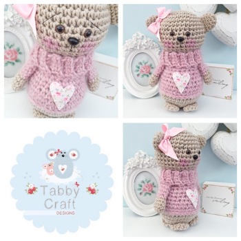 Standing Teddy Bear with Fluffy Heart Jumper  - Beige and Pink