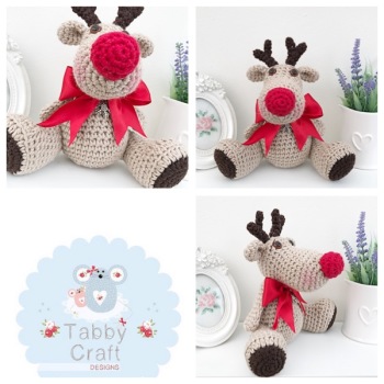 Sitting Reindeer with Large Bow - Beige, and Red