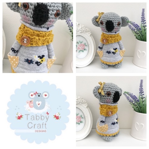 Standing Koala Bear with Jumper and Scarf - Grey and Mustard