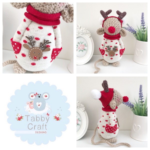 Standing Reindeer Mouse with Beanie Hat and Spotty Jumper - Beige, Ivory and Red