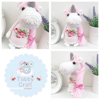 Standing Unicorn with Floral Jumper and Long Hair  - White, and Pink