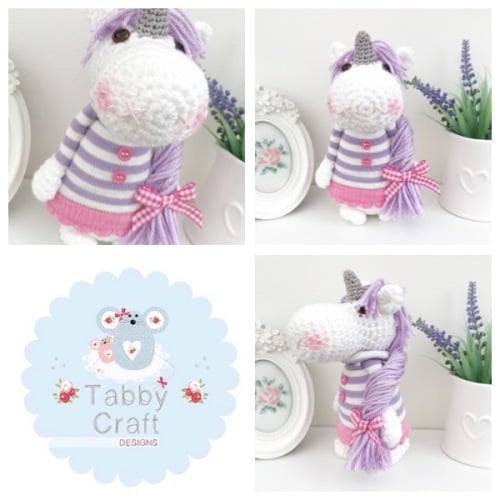 Standing Unicorn with Striped Jumper and Long Hair  - White, Lilac and Pink