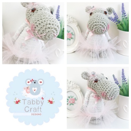 Standing Hippo with Star Jumper and Glitter Tutu - Grey and Pink