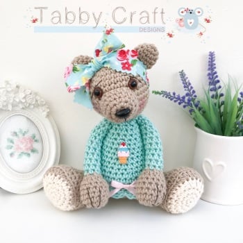 Large Floral Bow Teddy Bear with Ice Cream Jumper  - Beige, Ivory and Pink
