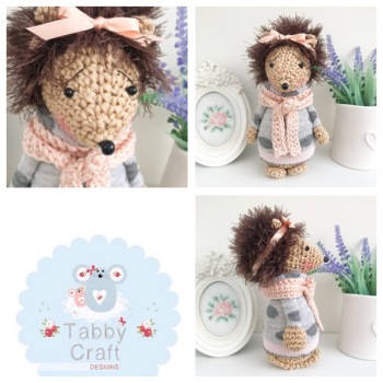 Standing Hedgehog with Bow and Striped Jumper - Blush pink and Grey
