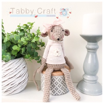 Sitting Mouse with Flower Jumper - Beige, Pink and Ivory