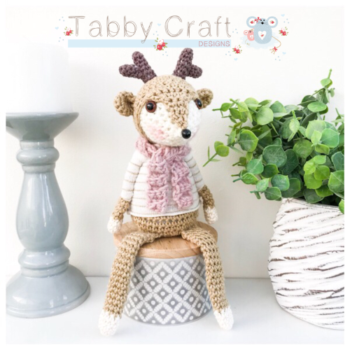 Sitting Deer with Striped Jumper and Scarf - Beige, Pink and Ivory