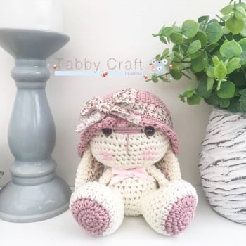 Bunny with Hat and Floral Fabric Flower - Ivory and Pink