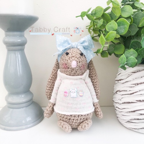 Floral Standing Bunny with Large Bow and Jumper - Beige, Pink and Ivory