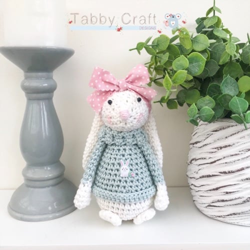 Floral Standing Bunny with Large Bow and Jumper - Beige, Teal and Pink