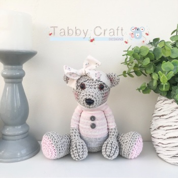 Large Floral Teddy Bear with Jumper - Grey, Ivory and Pink