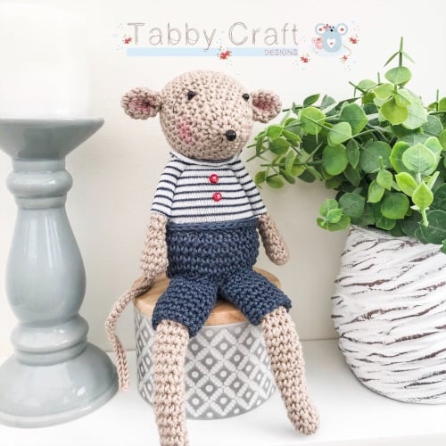 Sitting Mouse with Striped Jumper and Shorts  - Beige and Navy 