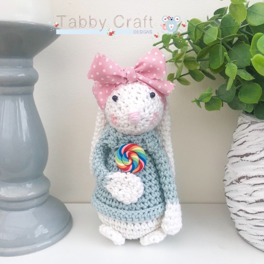  Standing Bunny with Large Bow and Lollipop  - White, Teal and Pink