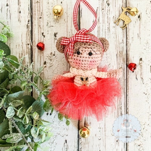 Hanging Christmas Tutu Girl with Brown Hair - Red and Ivory 