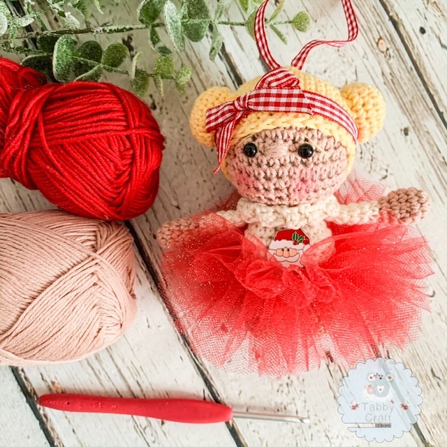 Hanging Christmas Tutu Girl with Blonde Hair - Red and Ivory 