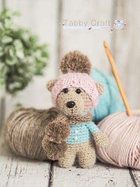 Little Bear with Pom Pom Hat and Scarf     -  Pink and Aqua