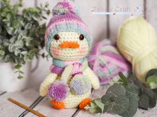 Large Duck with Pom Pom Hat and Scarf    - Lemon and Multi