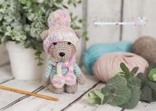 Little Bear with Pom Pom Hat and Scarf     -  Pink and Aqua