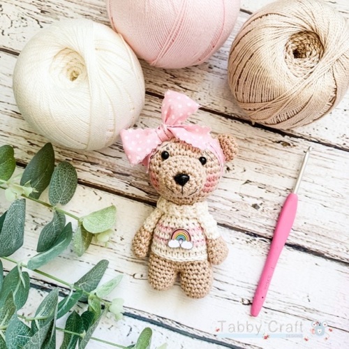 Little Bear with Rainbow Jumper and Large Bow     -  Pink and Brown