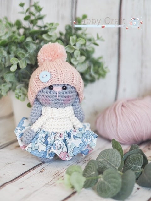 Liberty Bunny with Woolly Hat and Skirt  - Grey, Cream and Pink