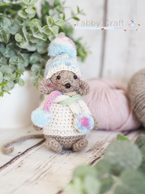 Standing Mouse with  Hat and Scarf   - Brown and Pink Multi