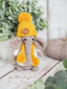  Standing Elephant with Hat and Pom Pom Scarf   -  Light Brown and Mustard