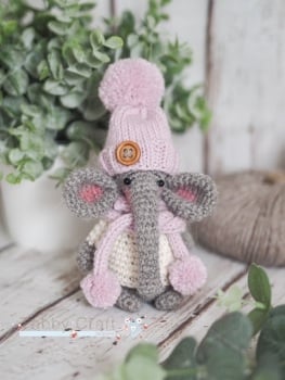  Standing Elephant with Hat and Pom Pom Scarf   -  Grey and Pink