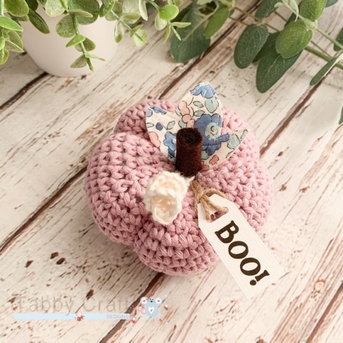 Large Liberty Halloween Boo Pumpkin  - Lilac Pink with Blue Flowers