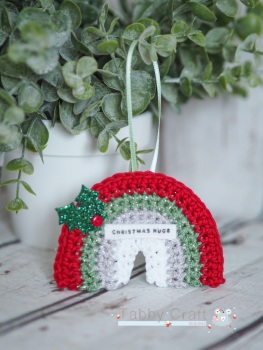 Hanging Mini Rainbow Decoration with Christmas Hugs Sentiment -  Red, Green, Silver and  White 
