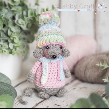Standing Mouse with Woolly Hat, Jumper and Scarf   - Brown and Pink Multi