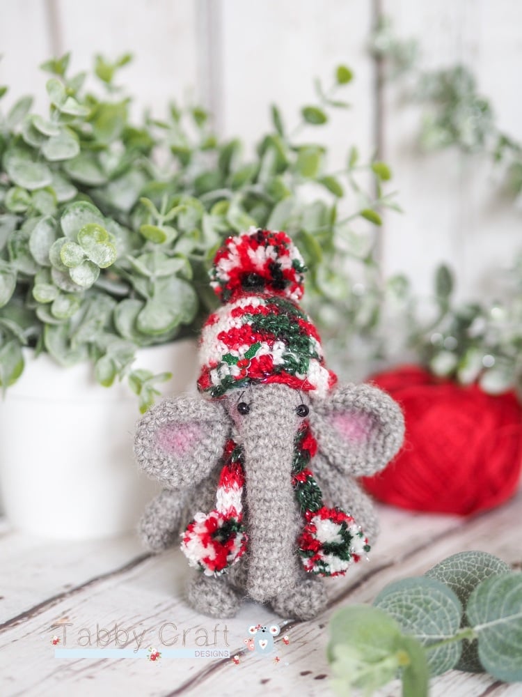  Standing Elephant with Christmas Hat and Pom Pom Scarf   -  Grey and Multi