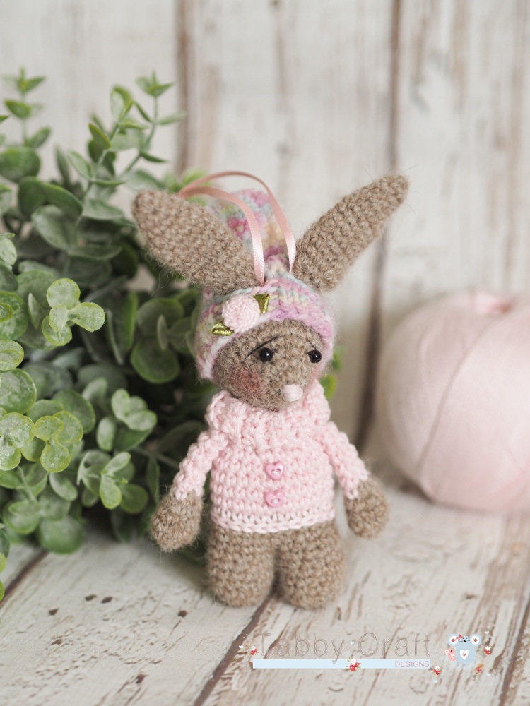  Little Hanging Bunny With Pom Pom Hat  -  Brown and Pink