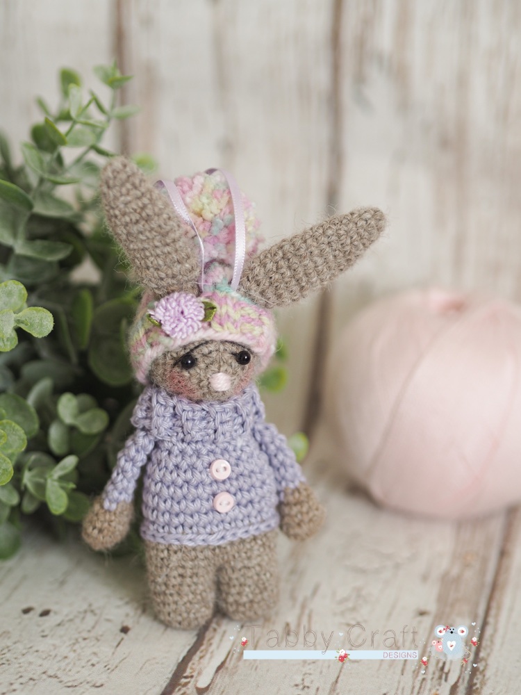  Little Hanging Bunny With Pom Pom Hat  -  Brown and Lilac