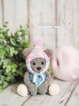  Tiny Teddy with Pom Pom Bonnet - Grey and  Multi