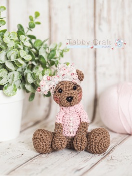 Tiny Teddy with Floral Bow - Brown and Pink
