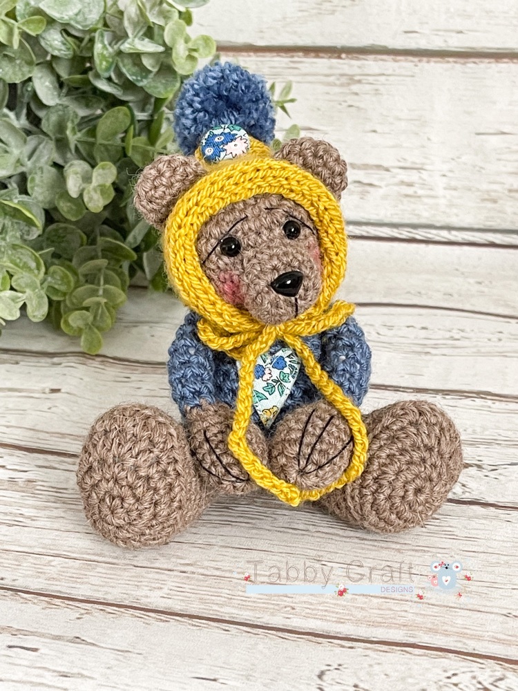  Tiny Teddy with Pom Pom Bonnet and Liberty Heart - Mustard and Teal 