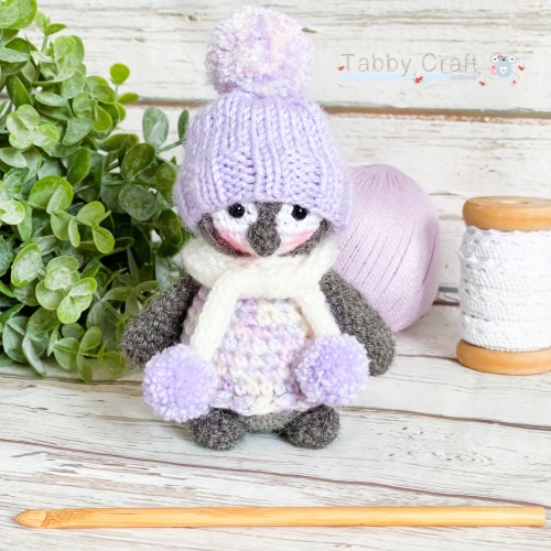 Standing Penguin with  Woolly Hat and Scarf - Grey, Lilac and Ivory
