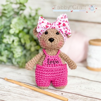  Little Bear with Dungarees and Large Bow   - Bright Pink and Brown