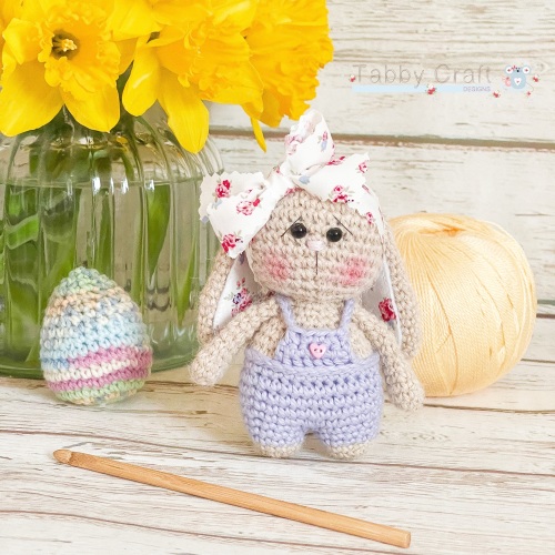  Little Bunny with Dungarees and Large Floral Bow   - Beige and Lilac