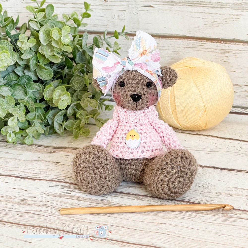  Little Ted with Easter Egg Jumper and Large Bow - Brown and Pink 