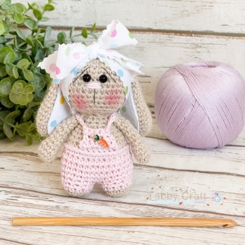  Little Bunny with Carrot Dungarees and Large  Bow   - Beige,  and Pink 