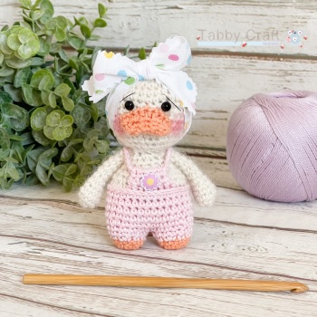  Little Duck with Flower Dungarees and Large Bow   -  Pink and  Ivory