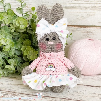  Little Bunny with Spotty Skirt and Large  Bow   - Grey and Pink 