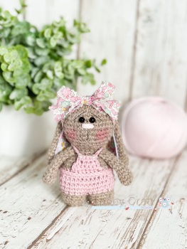  Little Bunny with Short Dungarees and Large Bow   - Dusky Pink and Brown