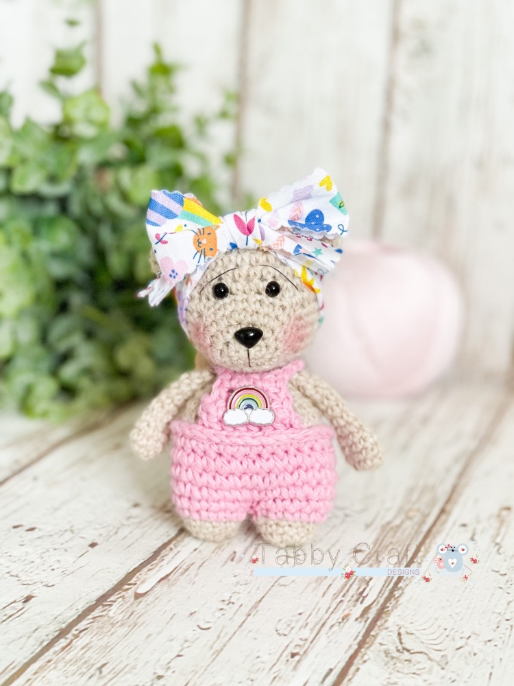  Little Bear with Short Rainbow Dungarees - Pink and Brown