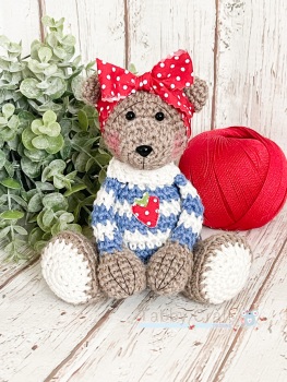  Cornish Teddy with strawberry Jumper and Large Bow - Brown, Cream and Blue