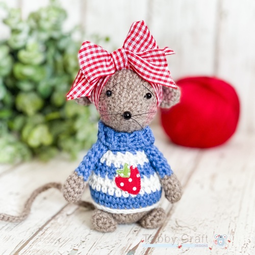 Standing Cornish Mouse with  Strawberry Jumper   - Brown and Blue