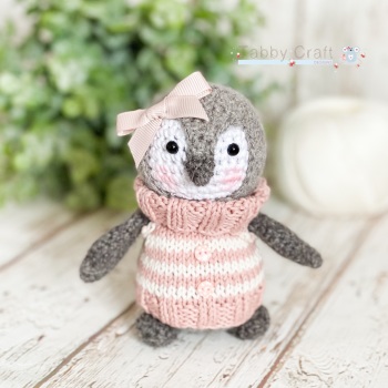 Standing Penguin with Knitted Jumper - Grey and Pink