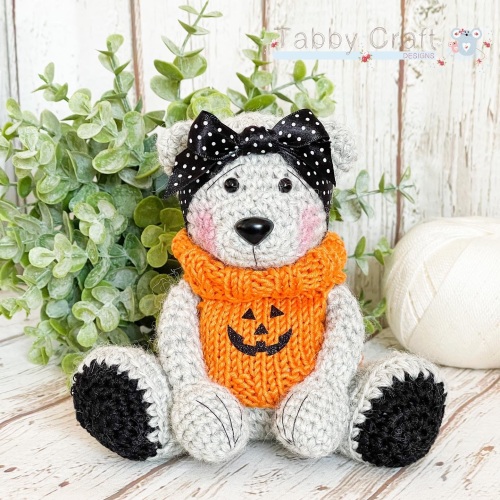  Halloween Teddy with Pumpkin Jumper and Bow - Grey and Orange 