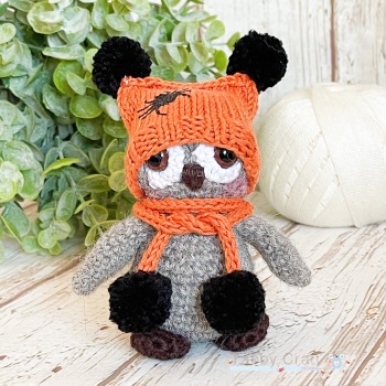 Standing Owl with Spider Hat and Pom Pom Scarf - Grey and Orange 